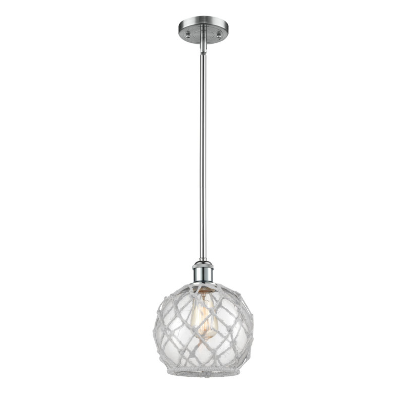 Luminaire suspendu en forme de globe à 1 lumière avec accents en corde Tobey, Transparent/blanc, Chrome poli
