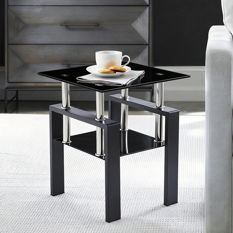 19.7" High 2-tier Square Glass Top End Table With Storage,2 Set Of  Side Table For Bedroom Living Room