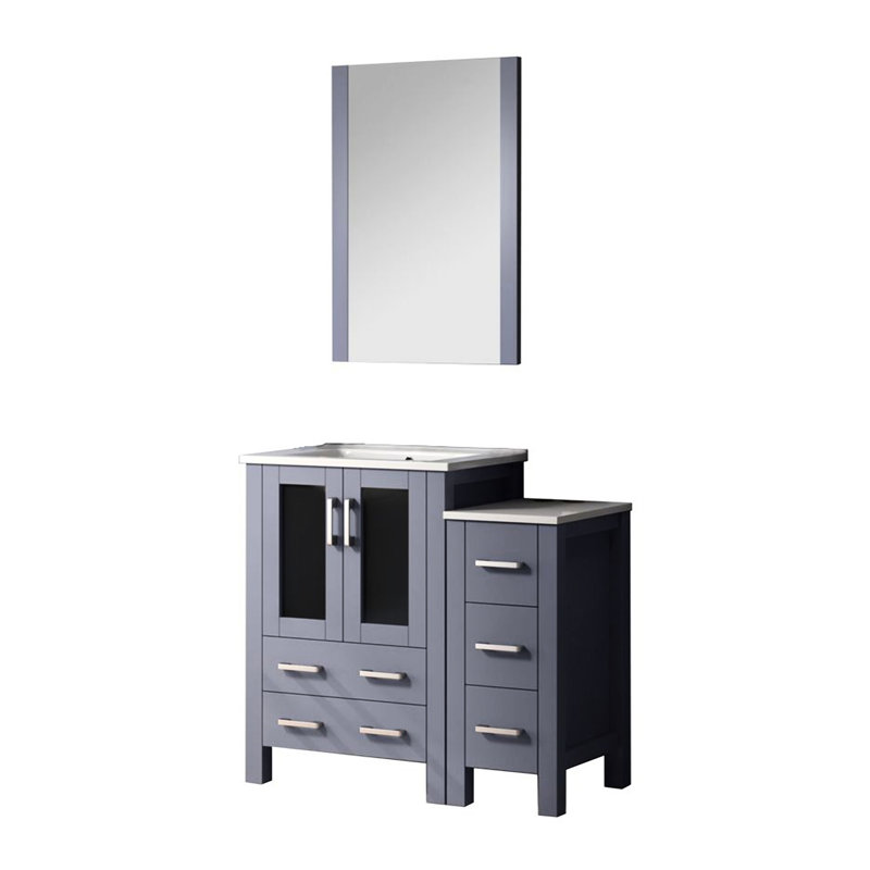 36 po L Meuble-lavabo gris foncé avec armoire latérale, comptoir en céramique blanche, 22 miroirs, tiroirs à fermeture en douceur et beaucoup d'espace de rangement, meuble-lavabo, surface, tiroirs, grand