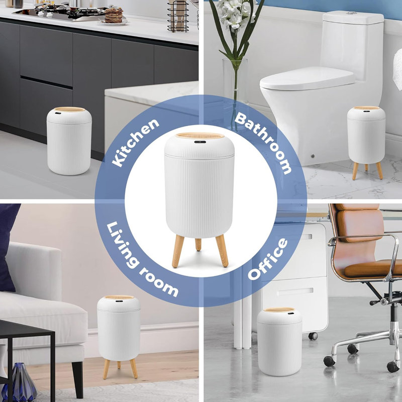 White Plastic Touchless Sensor Wastebasket with Wooden Legs