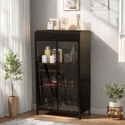 Tall Metal Sideboard With Glass Doors & Flip-top, 4-tier Design, Durable Steel Frame And Arched Top by Ebern Designs