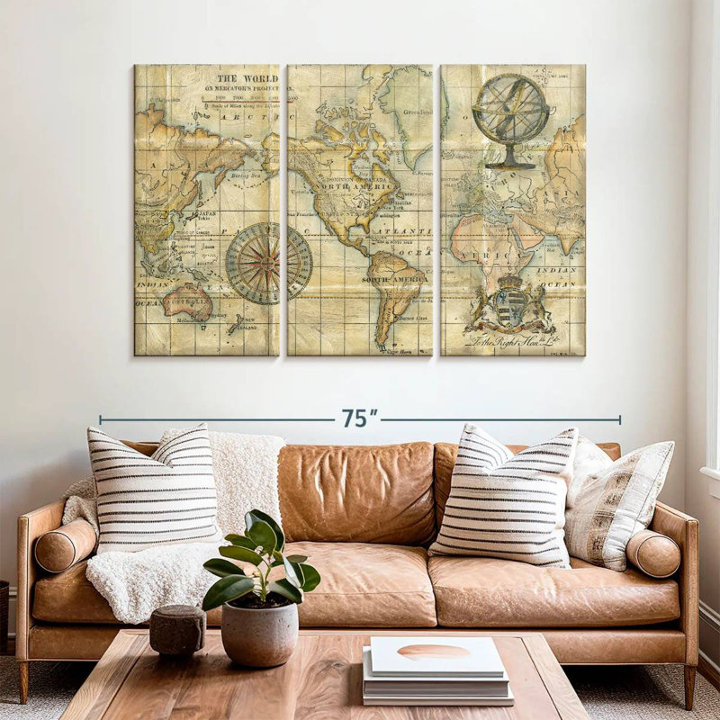 Carte du monde antique brun Aliaz, H 42 po x l 65 po