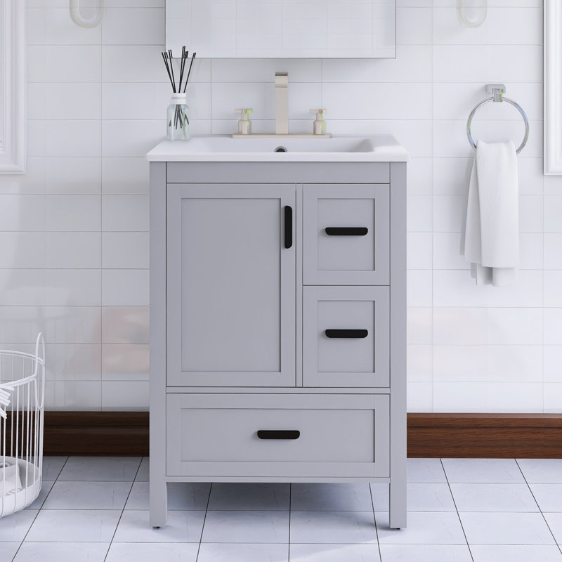 24" Freestanding Single Bathroom Vanity With White Ceramic Integrated Top, Gray