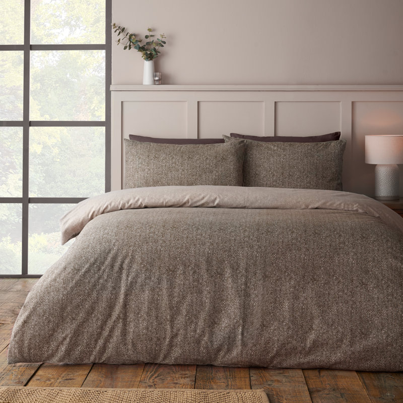 Brushed Herringbone Cotton Reversible Duvet Cover Set, Chocolate, King