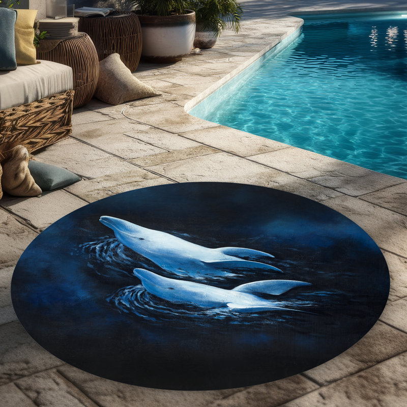Two Swimming Dolphins Outdoor Round Area Rug | Home Decor