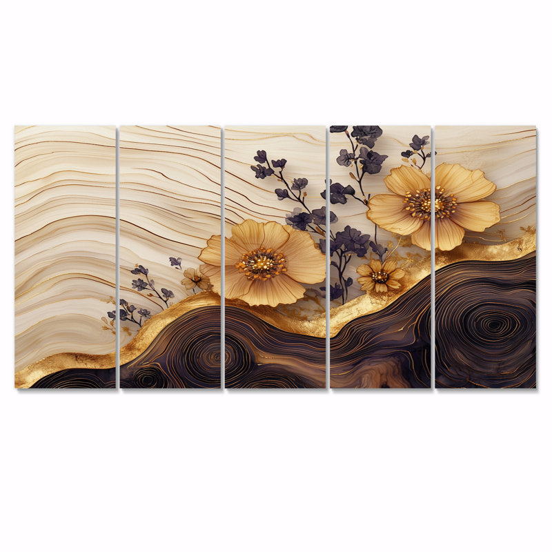 Fleurs sauvages sur une rivière en bois I - Art mural fleurs sauvages - ensemble de 5 décorations murales traditionnelles