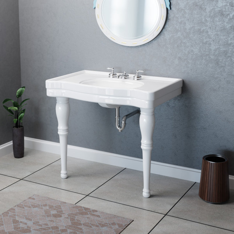 Grand lavabo console mural en porcelaine vitrifiée blanche