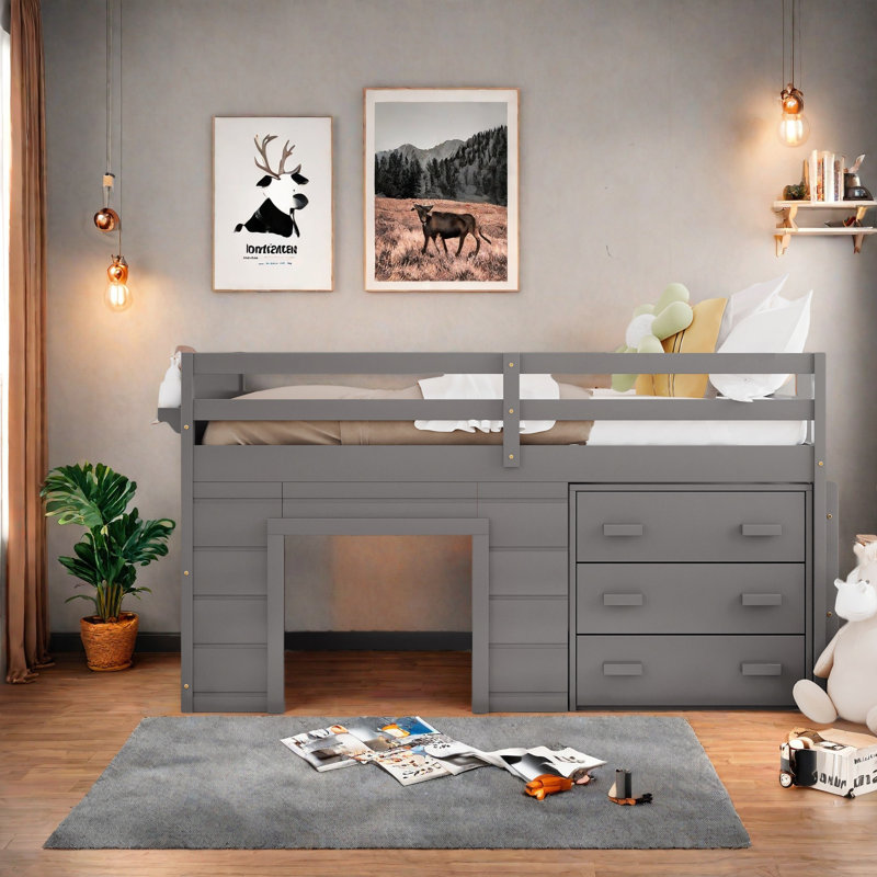 Lit mezzanine simple avec armoire et tablette, Gris