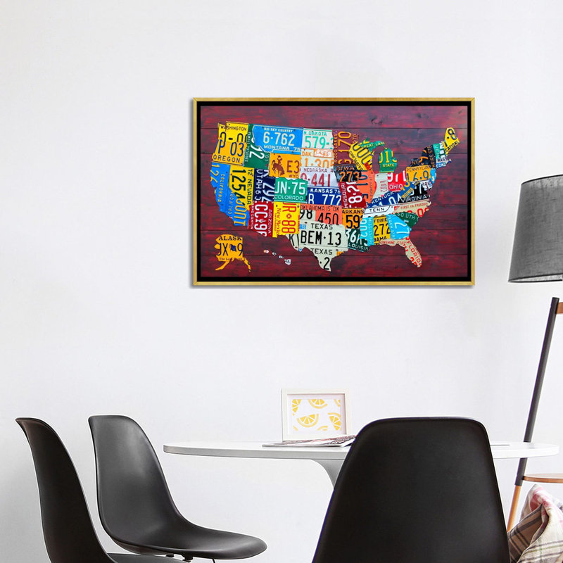 « usa recycled license map plaqué vii » par design turnpike-print, Toile encadrée d'or, H 32 po x l 48 po x P 1,5 po
