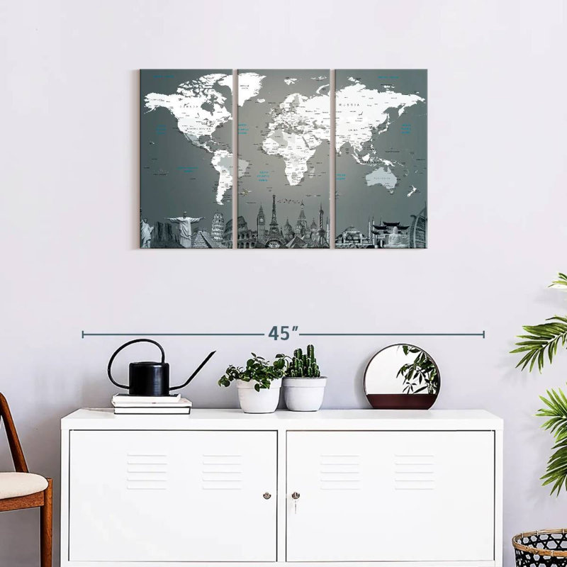 Ensemble de 3 pièces de carte du monde sur toile, H 74 po x l 48 po x P 1,25 po
