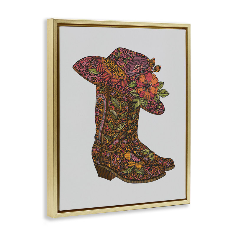 «Paisley Cowboy bottes», art mural encadré sur toile flottante par Valentina Harper, Or, H 31 po x l 25 po