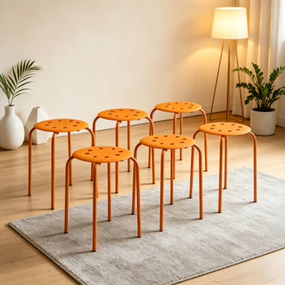 Stackable Orange Metal Accent Stool Set of 6 – Heavy Duty Steel Round Stools for Kitchen, Dorm, Classroom, Party & Event Seating