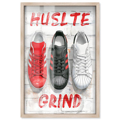 Hustle Grind Brick Wall Sneakers Shadowbox Print Sneaker Wall Art by Art Remedy, Blonde Frame, 30 x 45