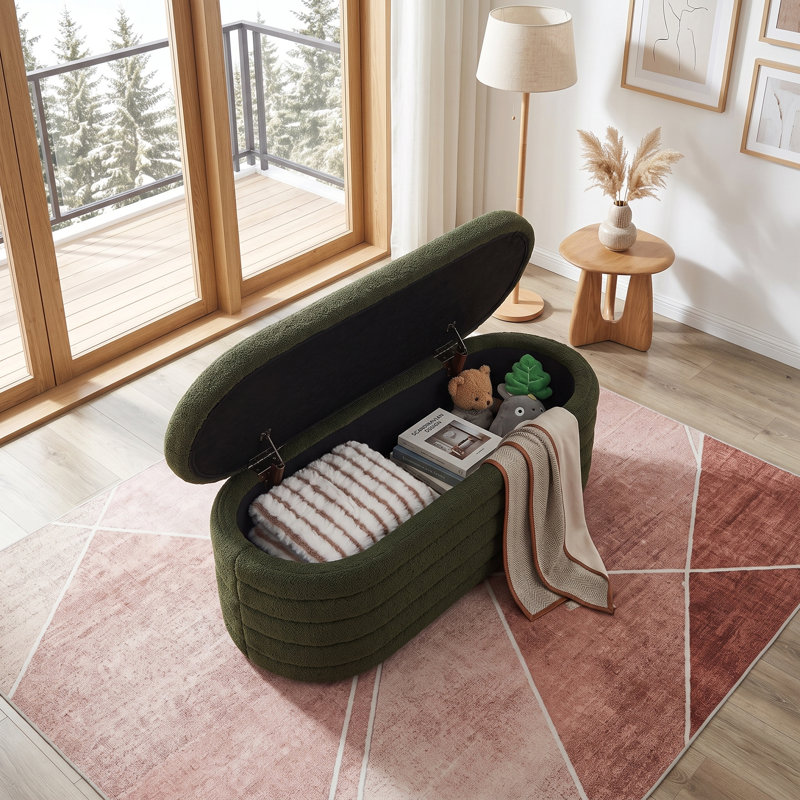 Plush Oval Storage Ottoman Bench – Versatile Seating & Hidden Storage for Bedroom, Living Room & Entryway, Vert foncé
