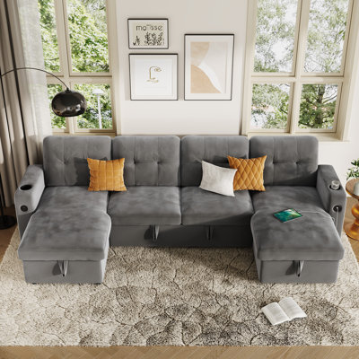 Canapé-lit de 107 po en forme de U avec lit escamotable, méridienne de rangement, station de charge et lumières DEL, canapé modulaire convertible moderne en velours pour le salon et l’appartement