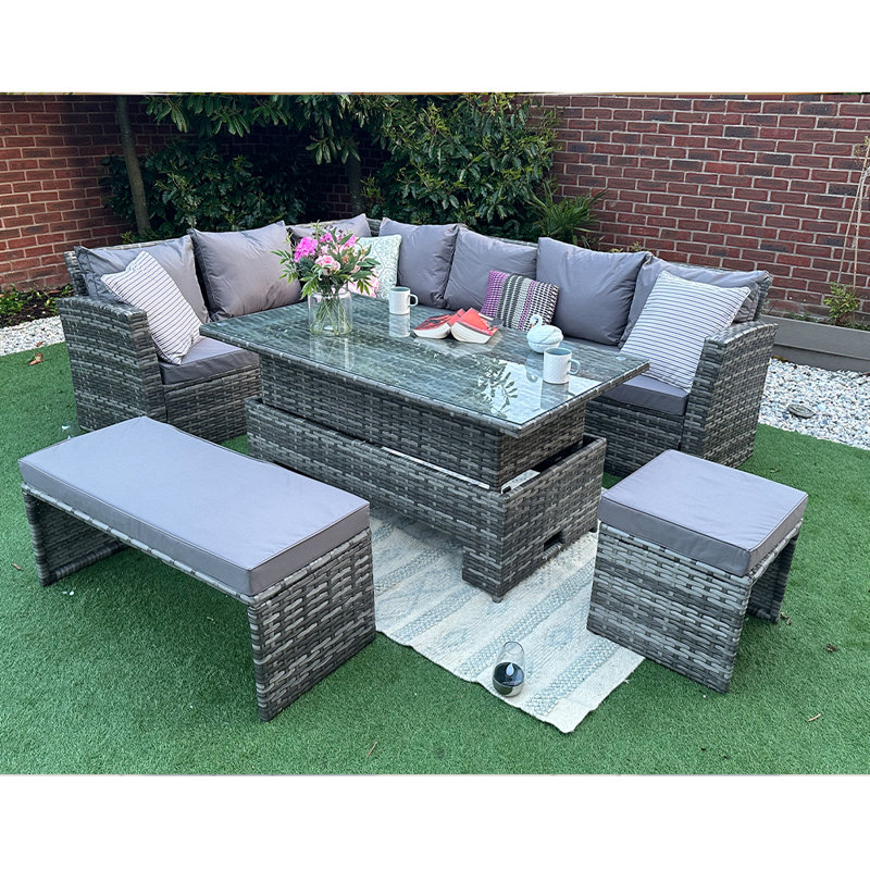 Samford 9 - Person Wicker Patio Dining Set with Rectangular Table , Cushions Included