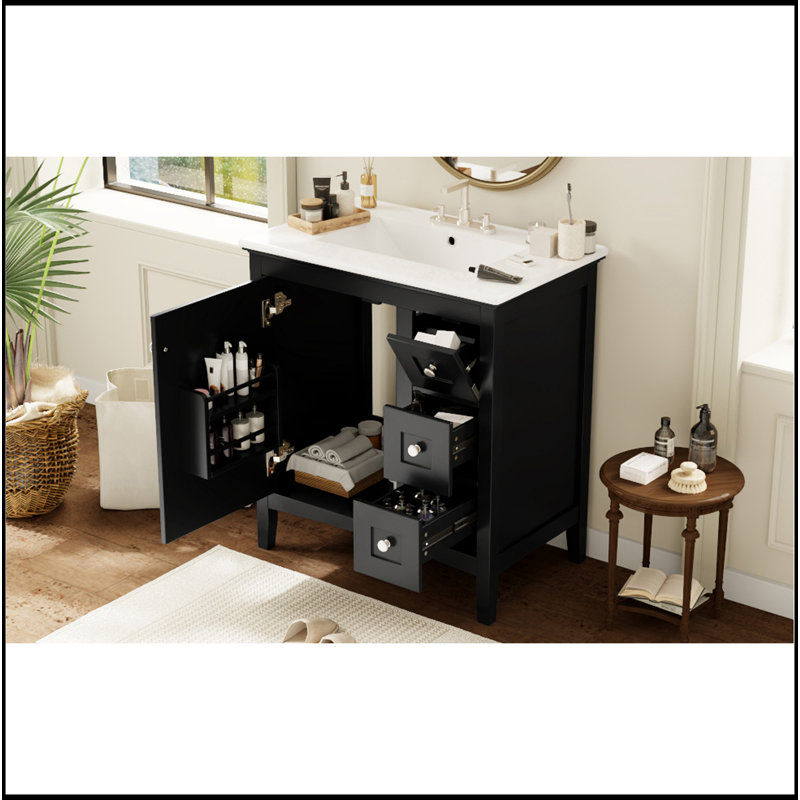 Meuble-lavabo moderne de 30 po avec lavabo en céramique, salle de bain blanche avec 3 tiroirs, armoire de rangement moderne en bois massif, idéale pour la maison