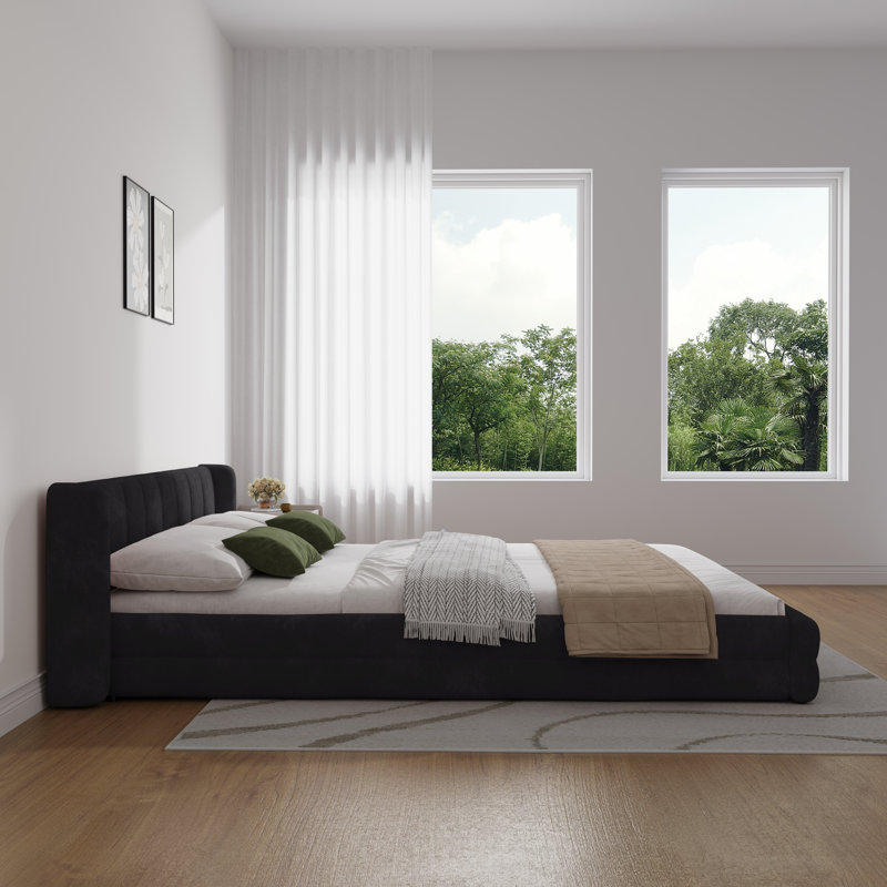 Queen Size Chenille Upholstered Low Bed Frame,   Platform Bed With Wingback Headboard, Dark Gray, Queen