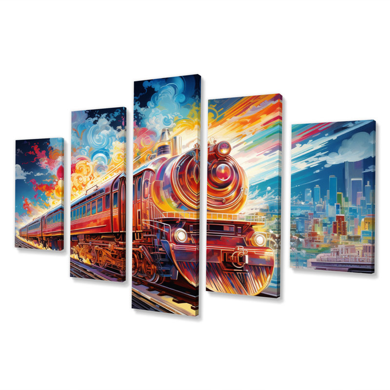 Abstrait train - transport mural art salon - 5 panneaux