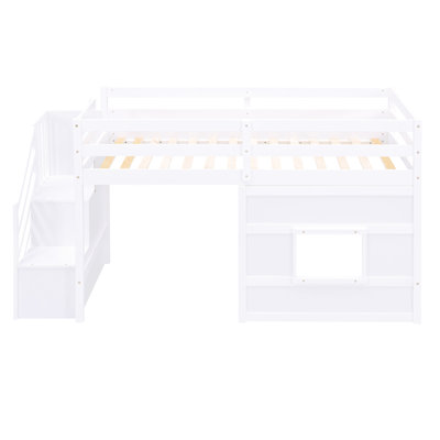 Lit mezzanine simple avec fenêtre et rangement pratique - matériau en bois pour la durabilité Optimisation de l'espace, construction blanche, sans sommier