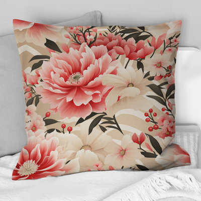 Coussin décoratif imprimé floral rose pivoine délicate