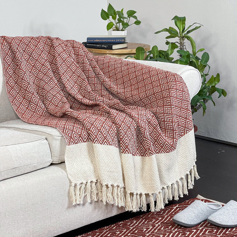 Hand Woven Throw Blanket, Rust Ivory