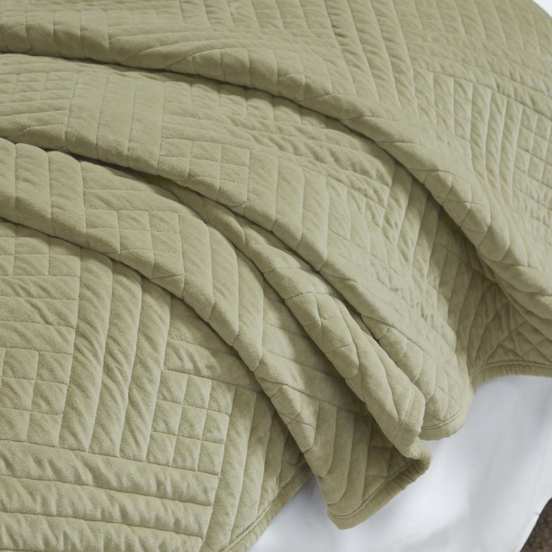 Karina Cotton Velvet Lightweight Quilt And Pillow Sham Set, King Quilt + 2 Shams, Sage