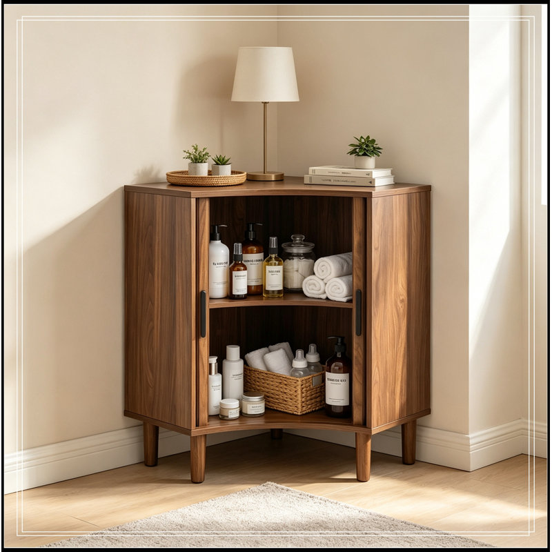 Armoire d'angle avec portes coulissantes et tablettes réglables