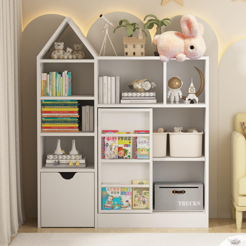 Rangement pour jouets et bibliothèque pour enfants 43,7 po, armoire de plancher avec casiers et tiroirs mobiles, coffre à jouets pour salle de jeux
