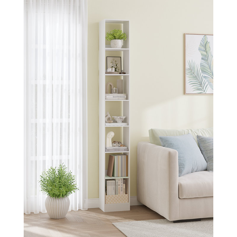 Bookcase, Tall Narrow Bookshelf, Wooden Bookcase with Open Storage Shelf, for Living Room, Home Office, Bedroom, White