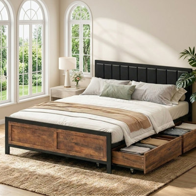 Queen Bed Frame with 4 Wheeled Storage Drawers, Metal & Leather Headboard, No Box Spring Needed, Noise Free,  Easy Assembly