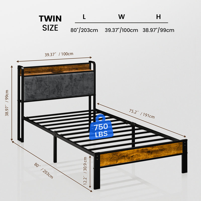 Carlno Twin Bed Frame with Headboard, Metal Platform Bed with Smart LED Lights and USB Charging Station Kenessa, Twin