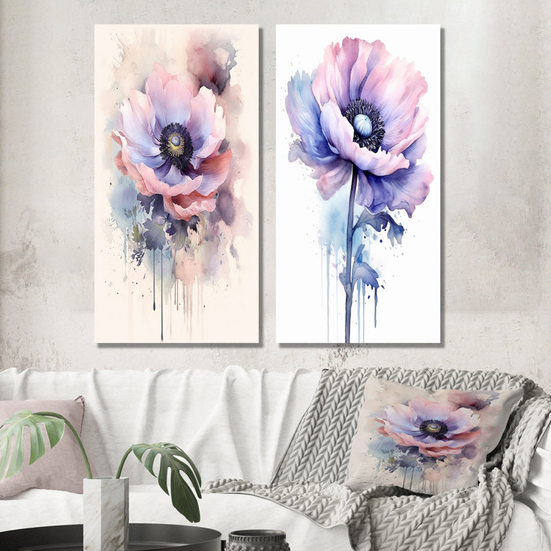 Minimalisme, coquelicots mauves - coquelicots, ensemble de 2 impressions sur toile, Toile tendue, H 40 po x l 41 po