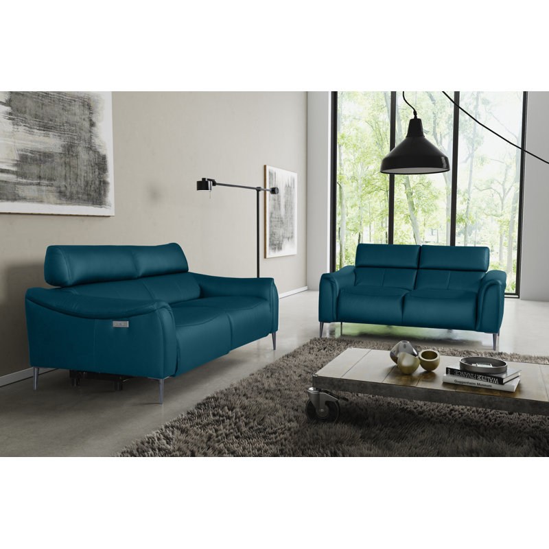 164 cm Genuine Leather Pillow Top Arm Reclining Sofa, Turquise