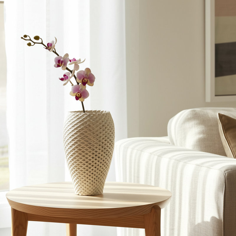 Vase Porcelain Textured Geometric Pattern For Home Office Bedroom Living Room Decor - 13" Ivory