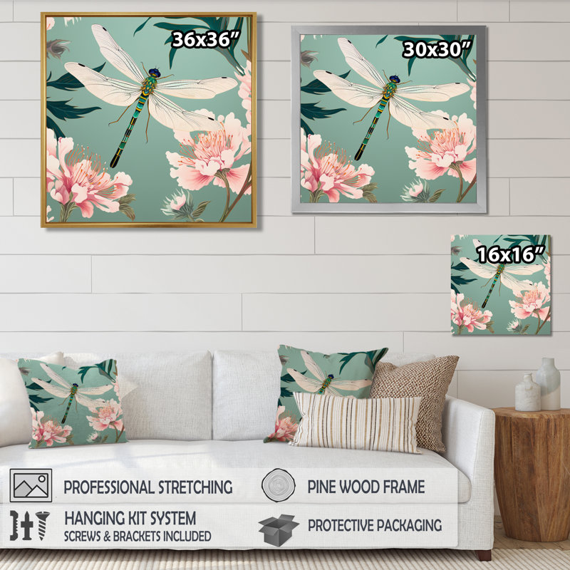 Illustration rétro de libellule vert rose - impression d'art mural libellule, H 16 po x l 16 po