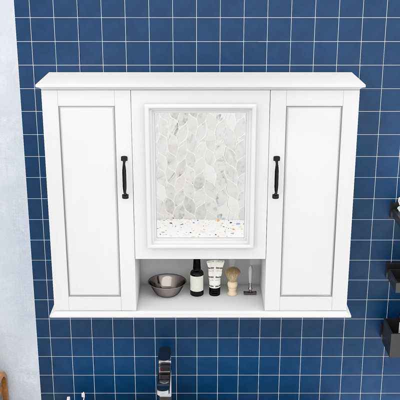 Armoire de salle de bain murale à miroir avec tablettes réglables, Blanc