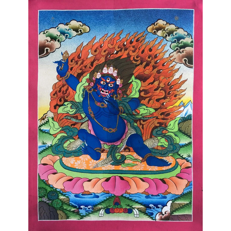 Angry Vajrapani Thangka (Thangka sans brocart) | Or 24 carats avec acrylique sur toile