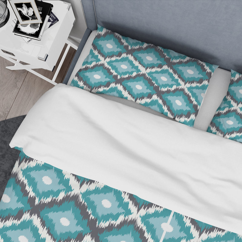 Blue Ikat Ogee - Ensemble de housse de couette abstrait - Microfibre de polyester