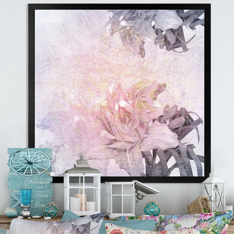 Fleurs roses rétro - peinture, Cadre photo noir, H 16 po x l 16 po x P 1 po