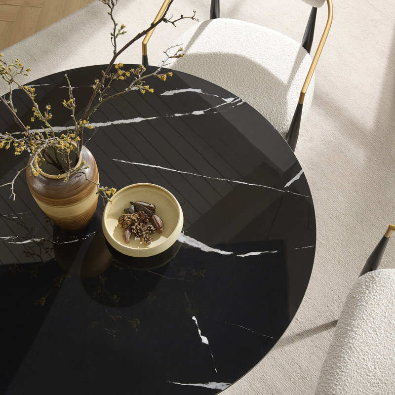 Table de salle à manger ronde en faux marbre avec base cannelée en bois, H 30 po x L 42 po x l 42 po, Noir, Noyer