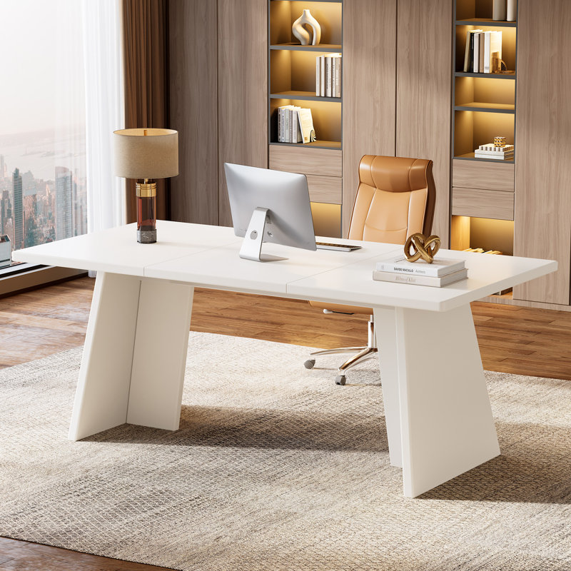 63" Farmhouse Executive Desk – Vintage Wood Computer Workstation With Thickened Tabletop, Large Writing & Conference Table For Home Office Or Study