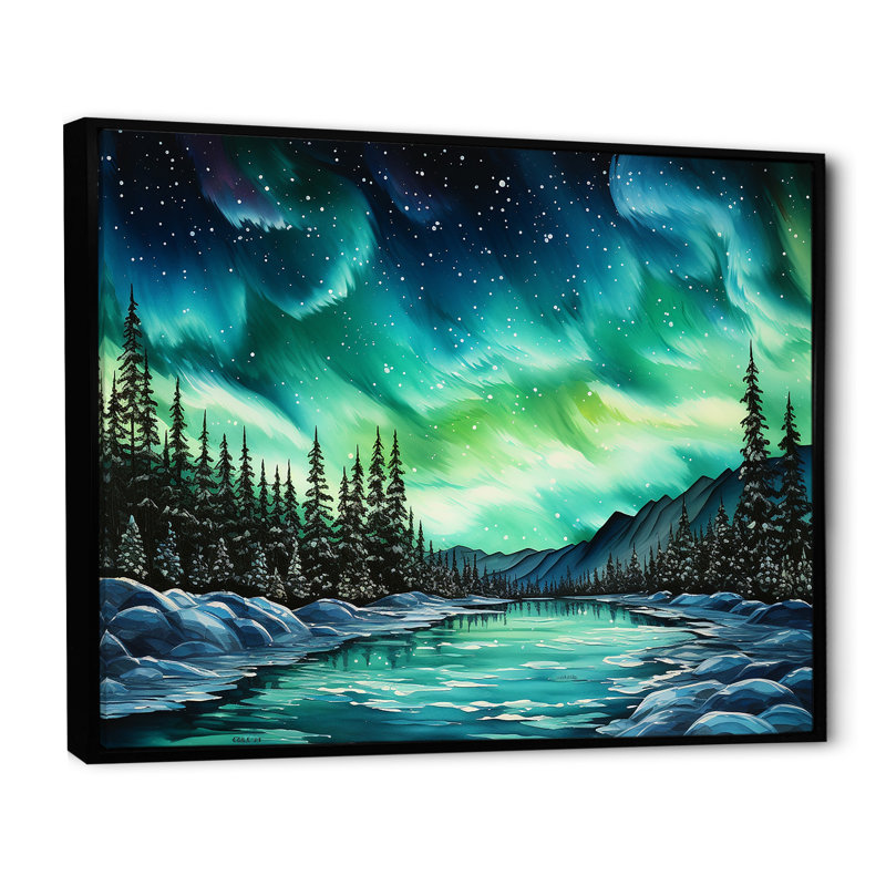 «Green Northern Lights Winter Charm» sur impression sur toile, Cadre photo argenté, H 16 po x l 32 po