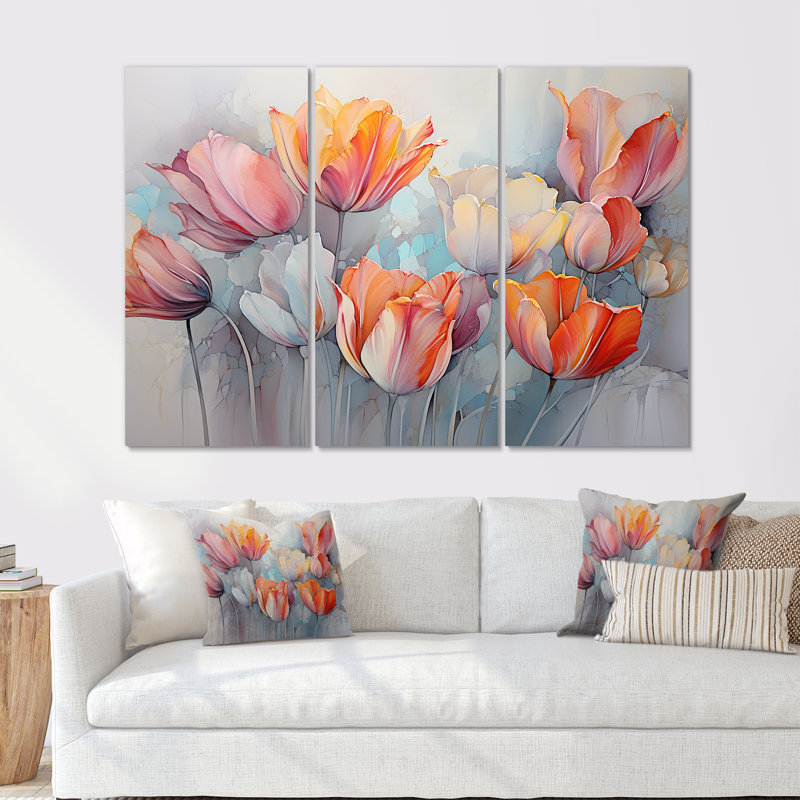Minimalisme, tulipes rouges et grises - ensemble d'art mural tulipes, Toile tendue, H 40 po x l 60 po x P 1 po