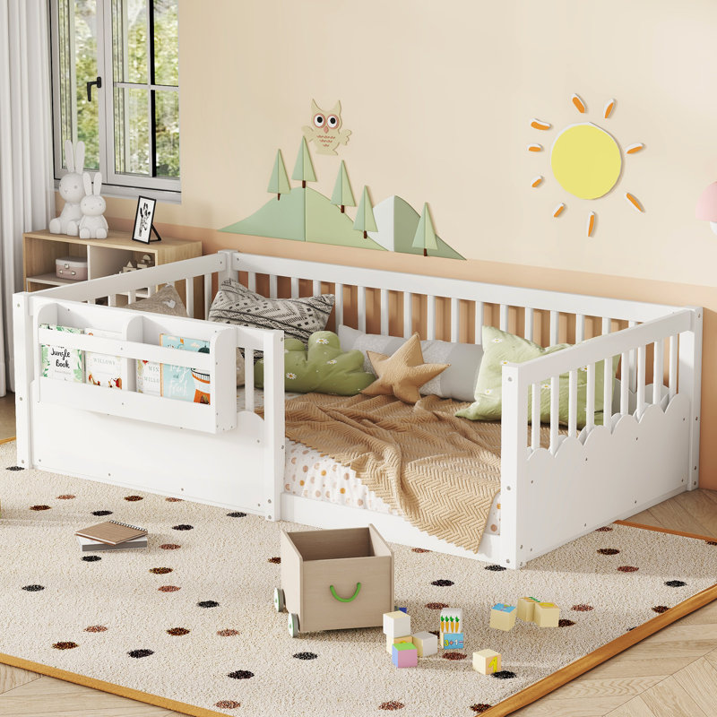 Lit simple avec clôture surélevée et bibliothèque, lit en bois pour enfants, blanc., Blanc