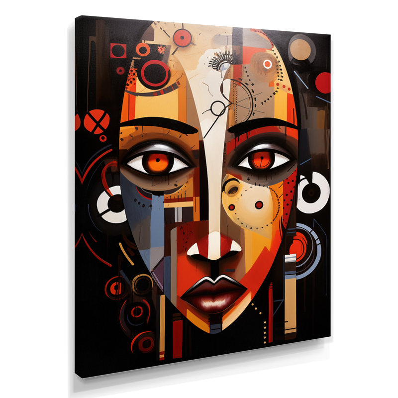 Ancienne beauté aux yeux bruns géométriques - Masque africain, art mural, H 44 po x l 34 po x P 1,5 po, Toile tendue