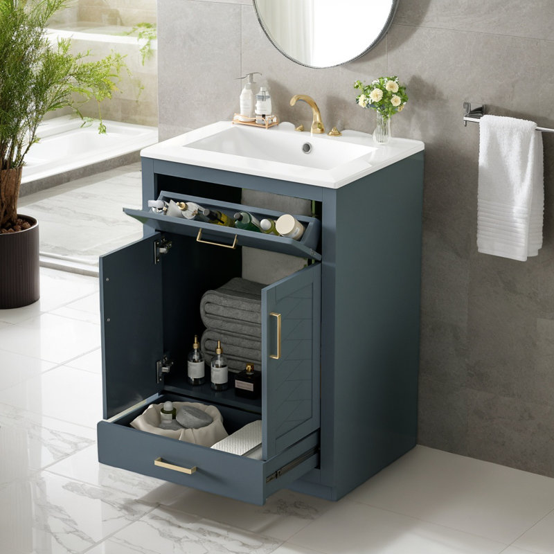 Meuble-lavabo 24 po avec lavabo intégré en céramique, meuble-lavabo à 2 portes, 1 tiroir basculant et meuble-lavabo simple pour salle de bain de petite et moyenne taille, bleu