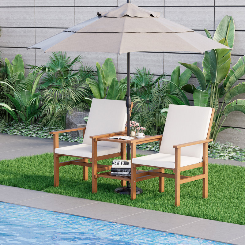 Acacia Wood Loveseat With Table, 3 Pieces Patio Furniture Set, Outdoor Patio Loveseat With Coffee Table, Wood 2-seat Conversation Set For Garden, Backyard, Balcony
