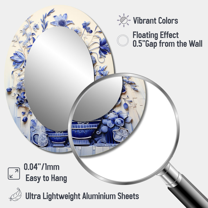 Décoration murale bleu et blanc Boho Plant Pottery II - Miroir mural ovale bleu, H 40 po x l 30 po