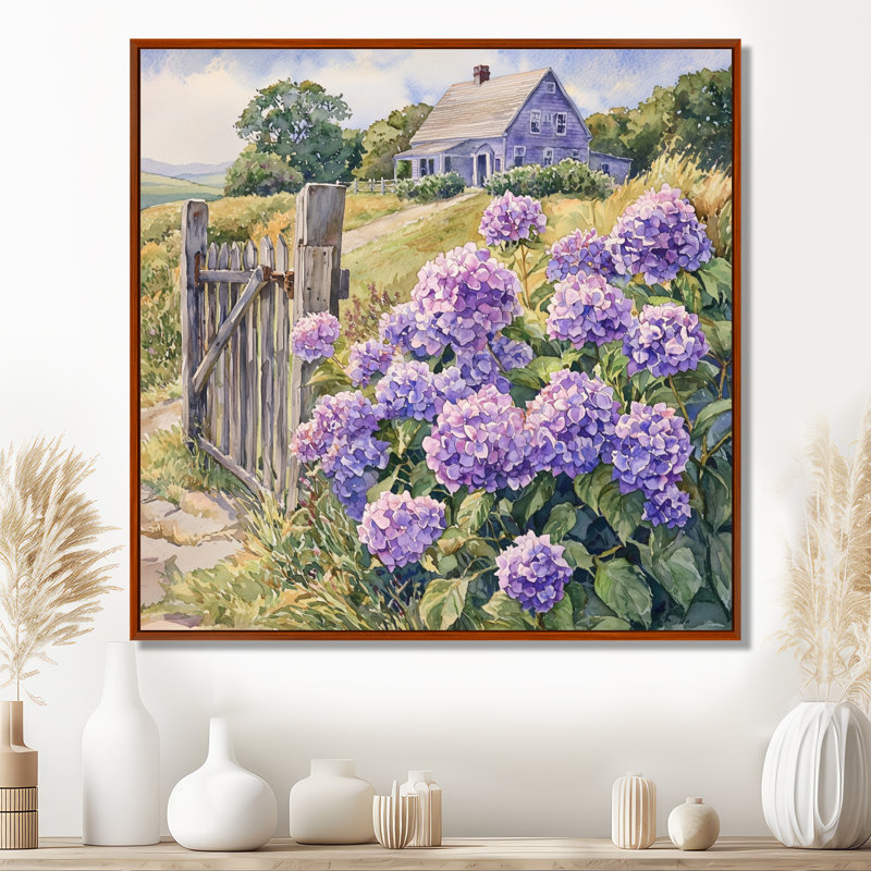 Hydrangeas by The Farmhouse Fence - Hydrangea, art mural encadré, H 30 po x l 30 po, Impression encadrée flottante, Brun